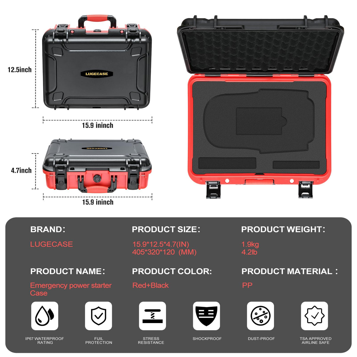 LUGECASE close-up latch and waterproof seal showing NOCO Boost GB150 safety