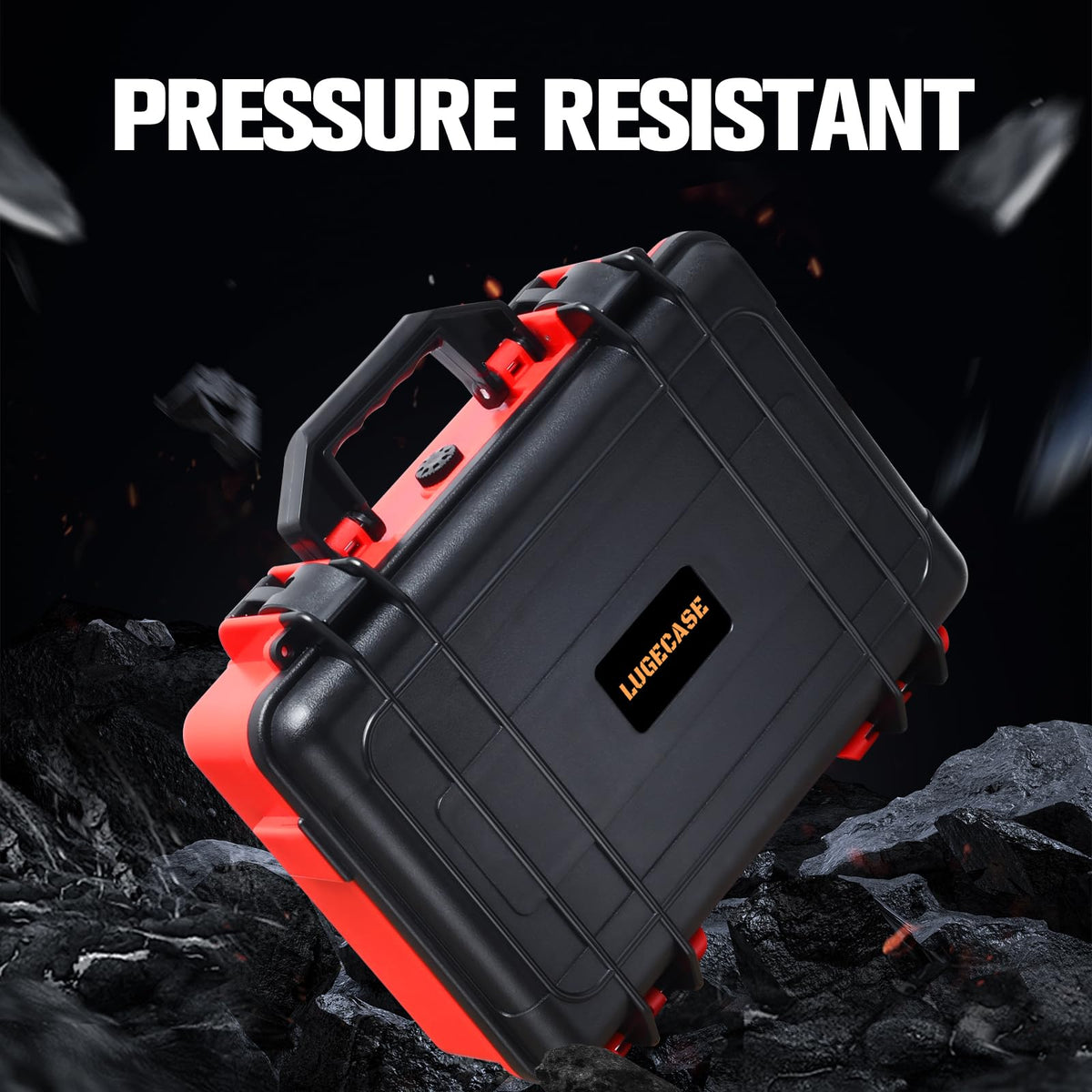 LUGECASE interior molded compartments holding charger and clamps for tidy storage