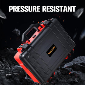 LUGECASE interior molded compartments holding charger and clamps for tidy storage