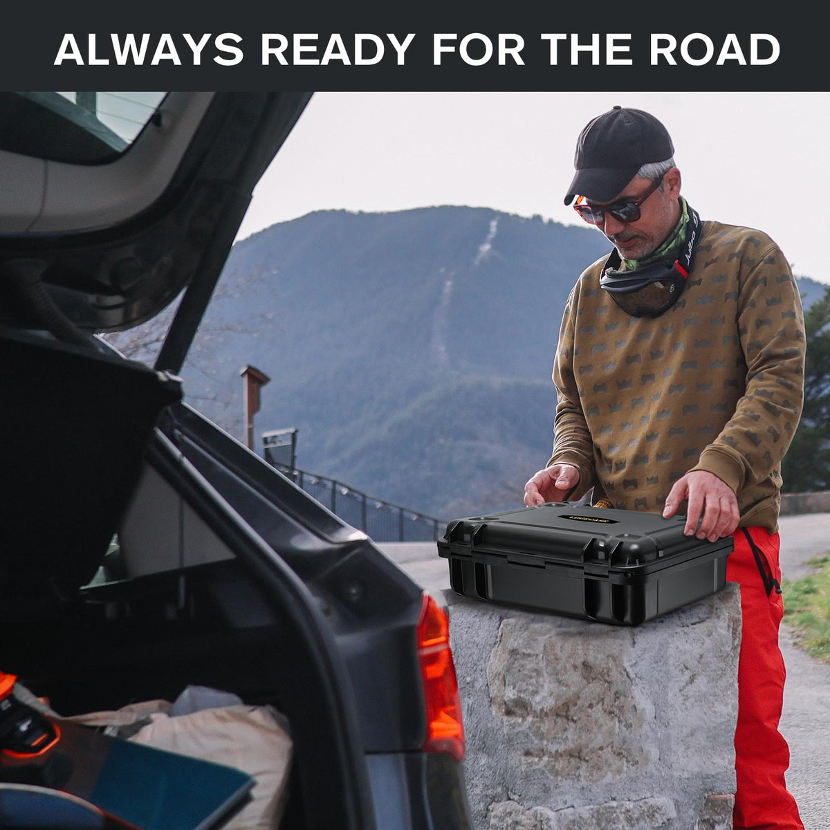 LUGECASE beside a vehicle roadside showing quick-access travel readiness