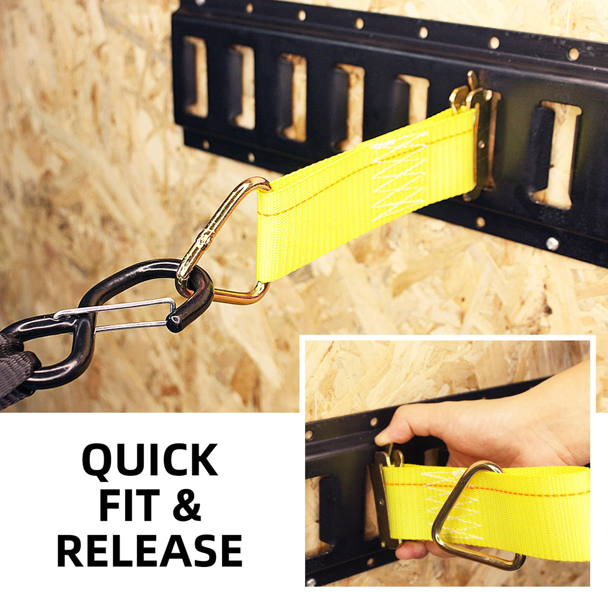 LULU CARGO CONTROL strap clipped into E-track securing cargo in trailer