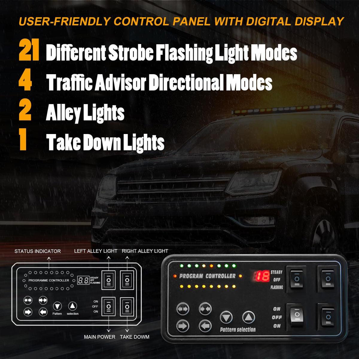 LUMENIX alley and take-down lights illuminated demonstrating targeted scene illumination