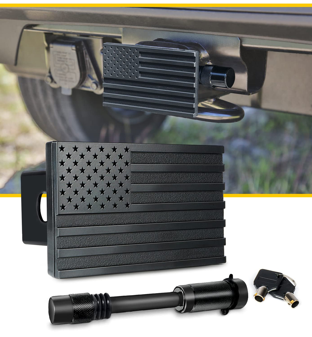 LUMENIX front view of black aluminum hitch cover showing full design and fit