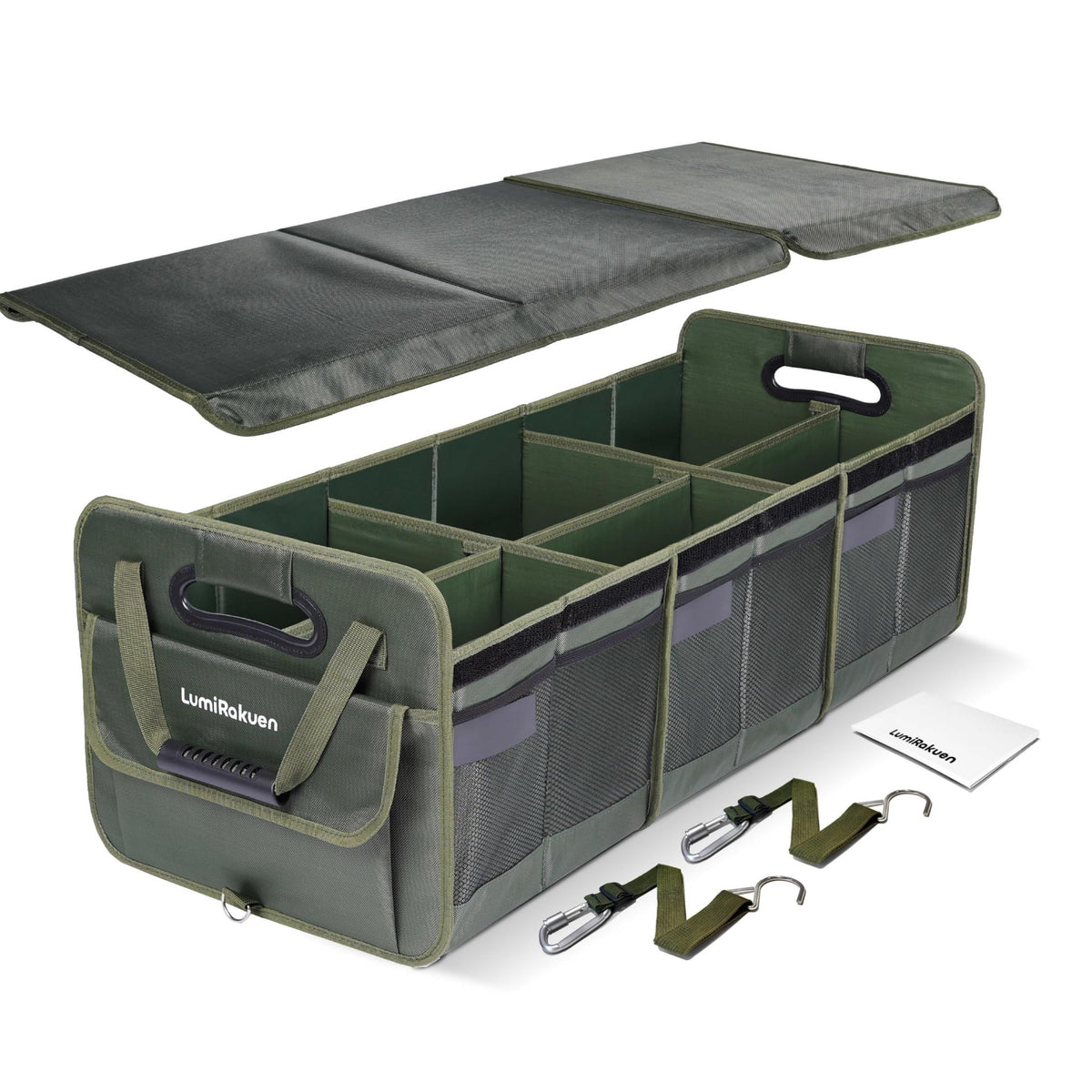 LumiRakuen front view of XL green trunk organizer showing capacity and lid benefit