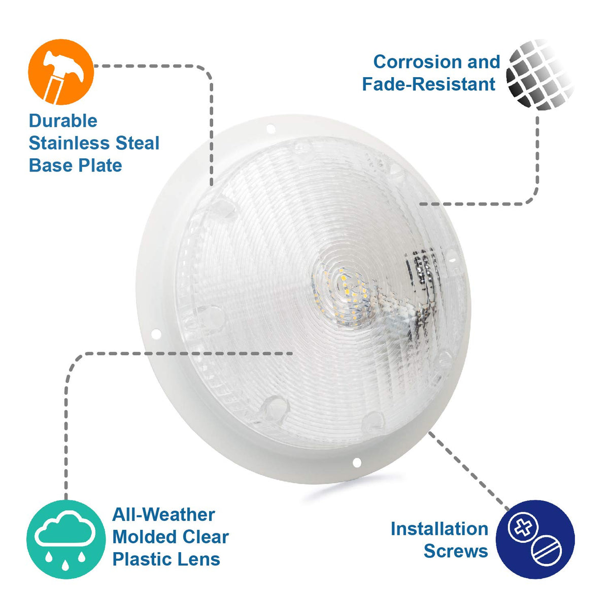 Lumitronics closeup of clear molded lens and included gasket for weather protection