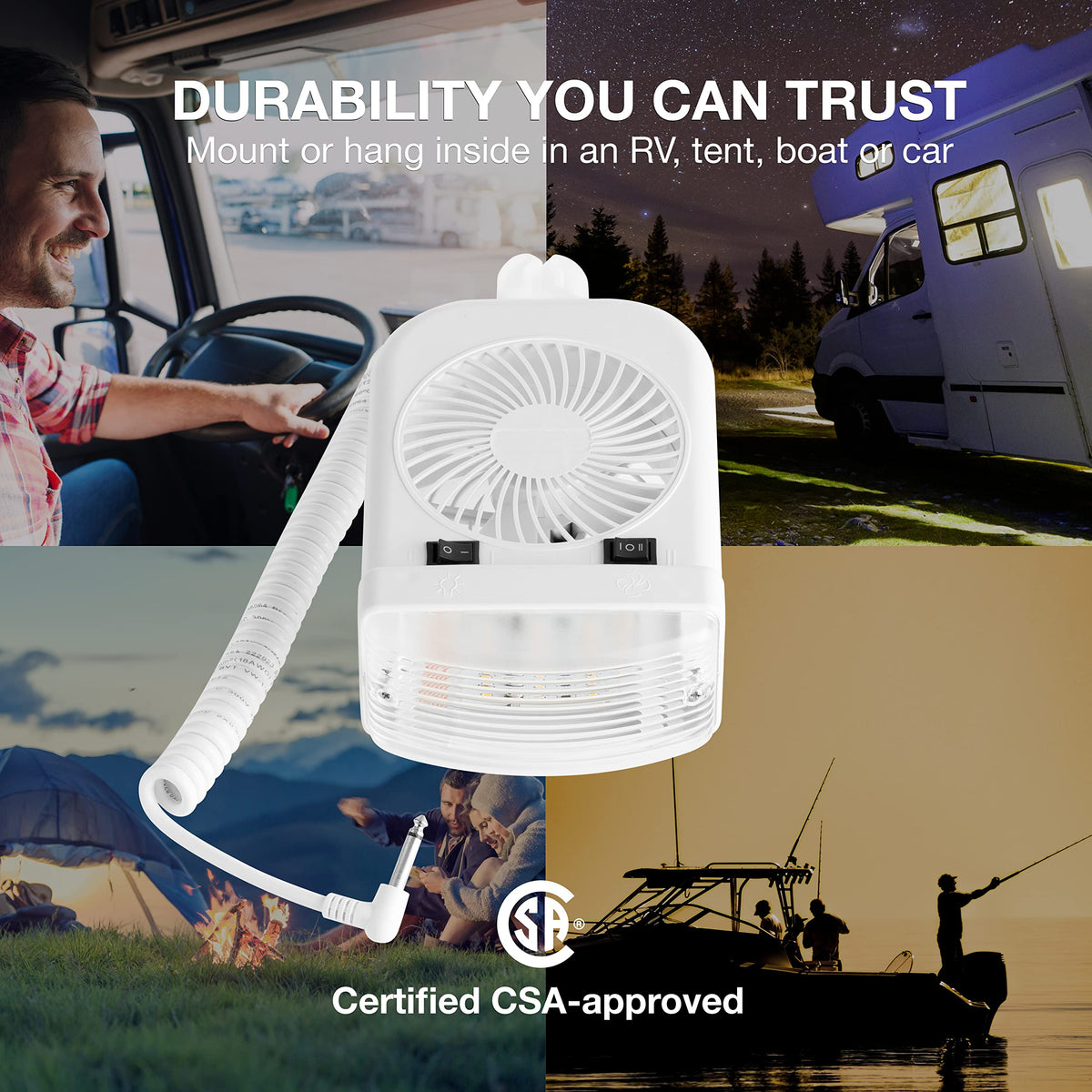Lumitronics fan grill close-up, whisper-quiet airflow benefit