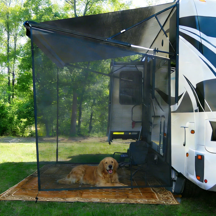 LUMONTIS front view of 9x7 awning side shade showing privacy and shading benefit