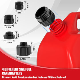 Luney four threaded adapters laid out for versatile fuel can compatibility