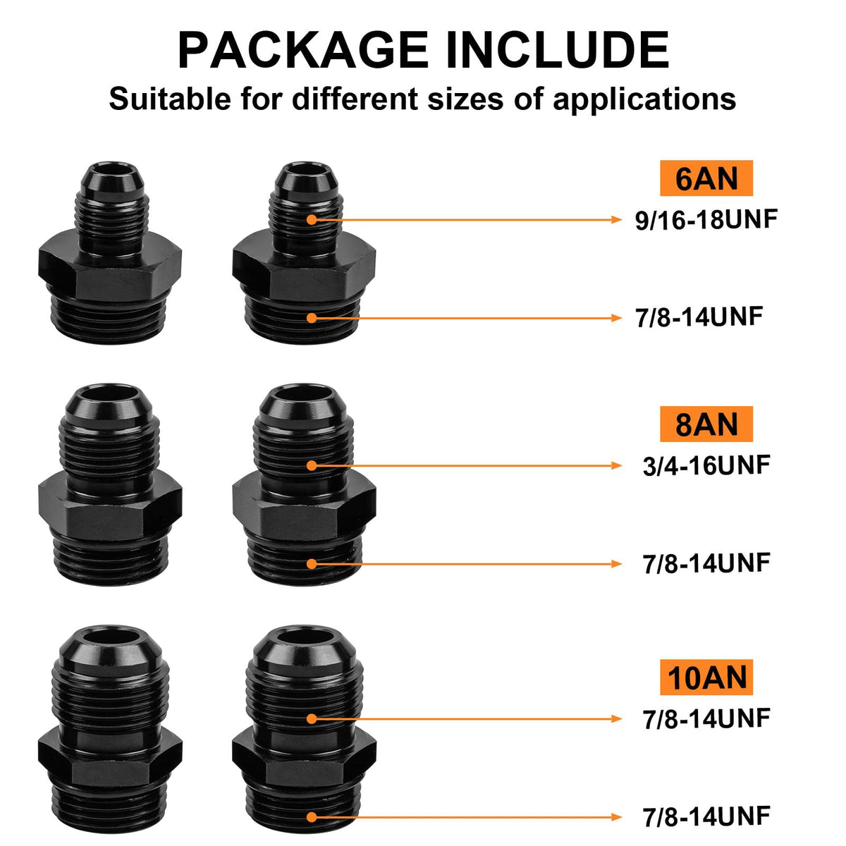 Luney adapter set laid out showing 6AN 8AN 10AN adapters and six O-rings