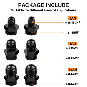 Luney adapter set laid out showing 6AN 8AN 10AN adapters and six O-rings