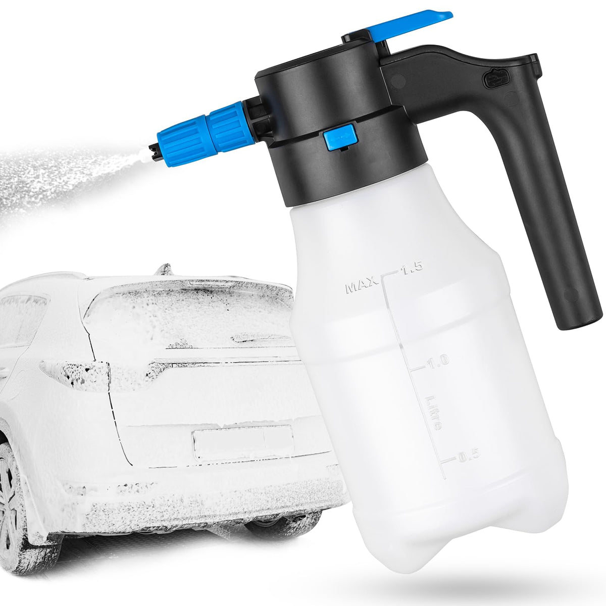 Luney front view of 1.5L foam sprayer showing controls and handle for easy cleaning