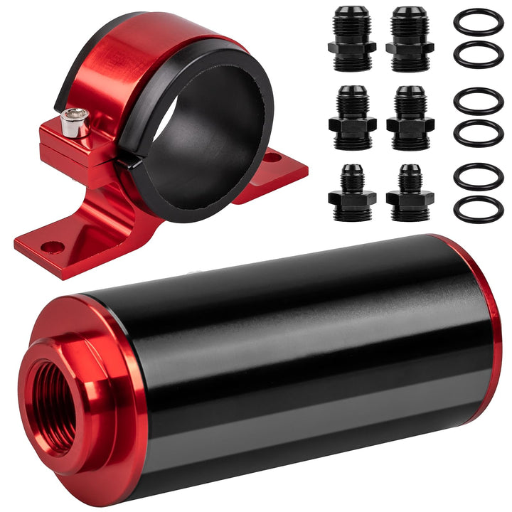 Luney inline filter front view showing compact aluminum housing and fittings