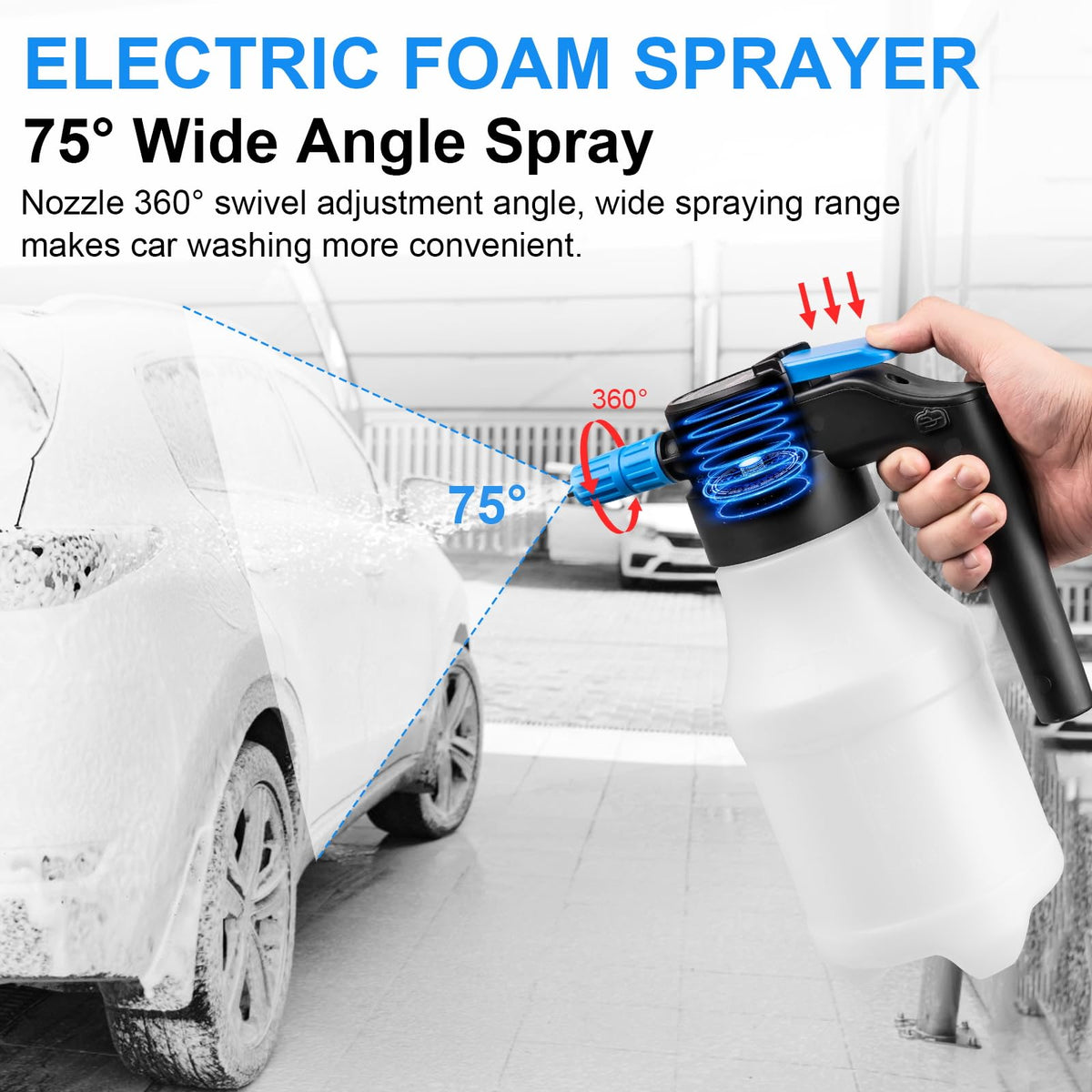 Luney spraying wide-angle foam pattern to cover large car surfaces efficiently
