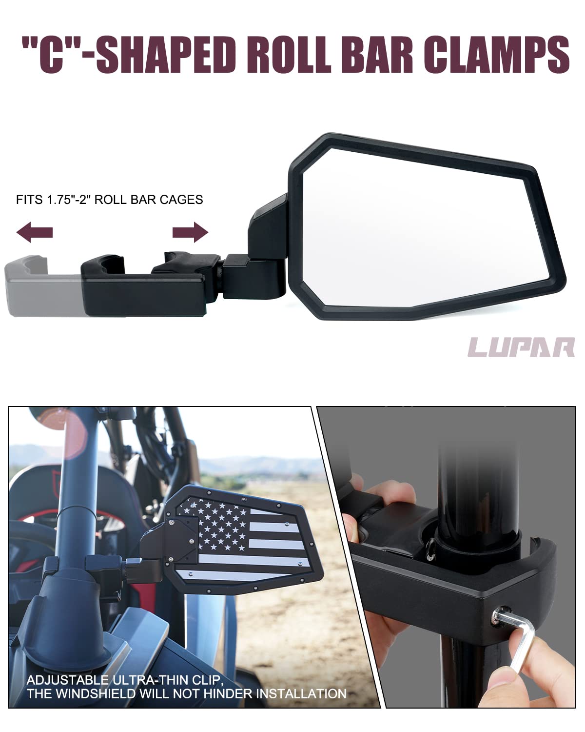 Lupar mirror folded 180 degrees demonstrating fold-away protection to avoid trail impacts