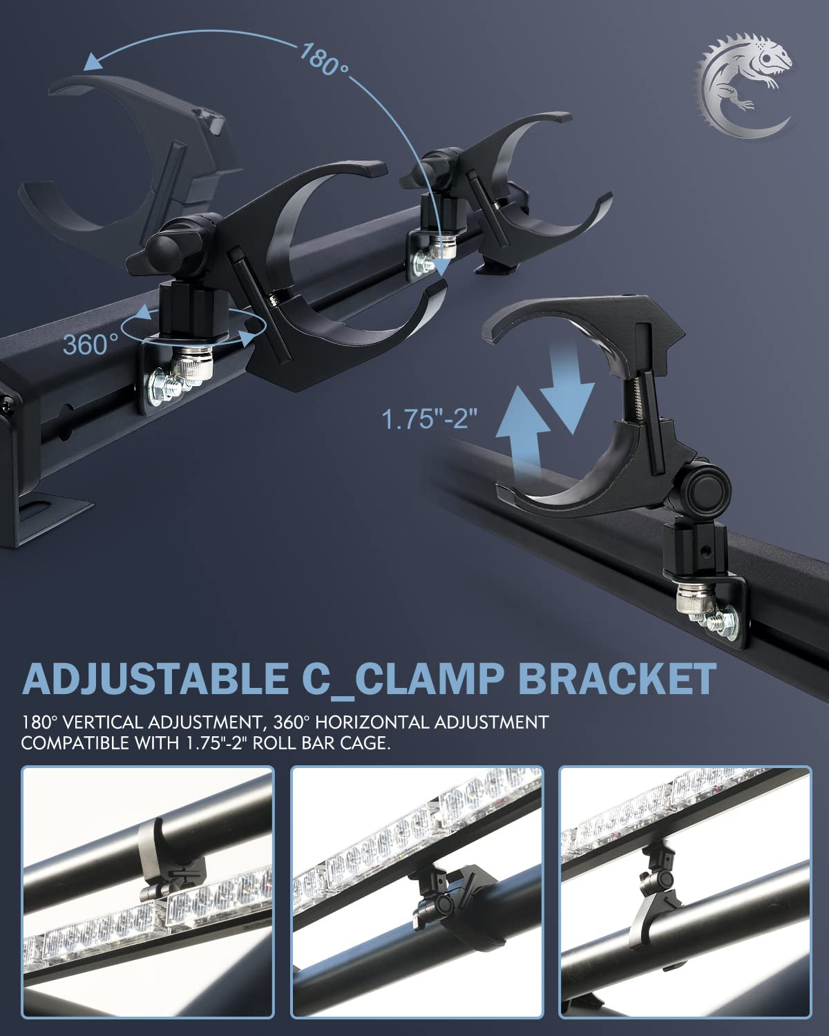 Lupar bracket detail showing clamp for 1.75"–2" roll cage and easy adjustment