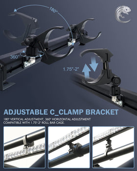 Lupar bracket detail showing clamp for 1.75"–2" roll cage and easy adjustment