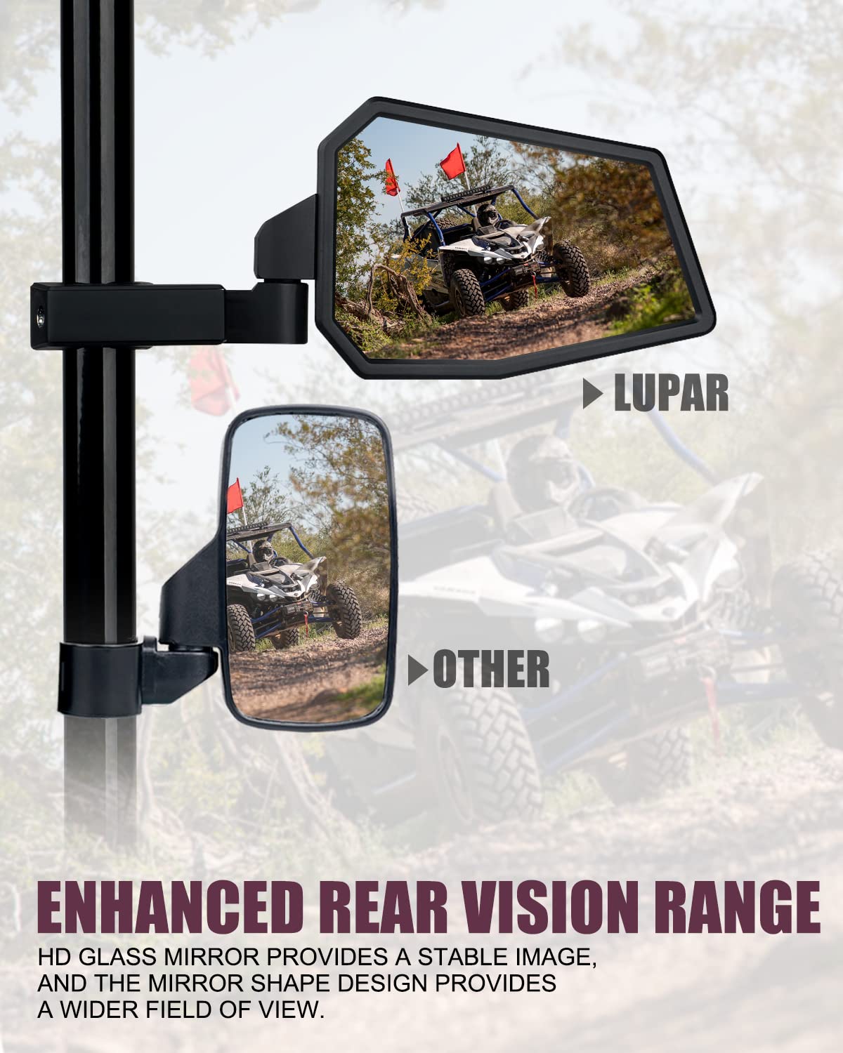 Lupar mirror mounted on 1.75" roll cage showing secure C-clamp fit and stability