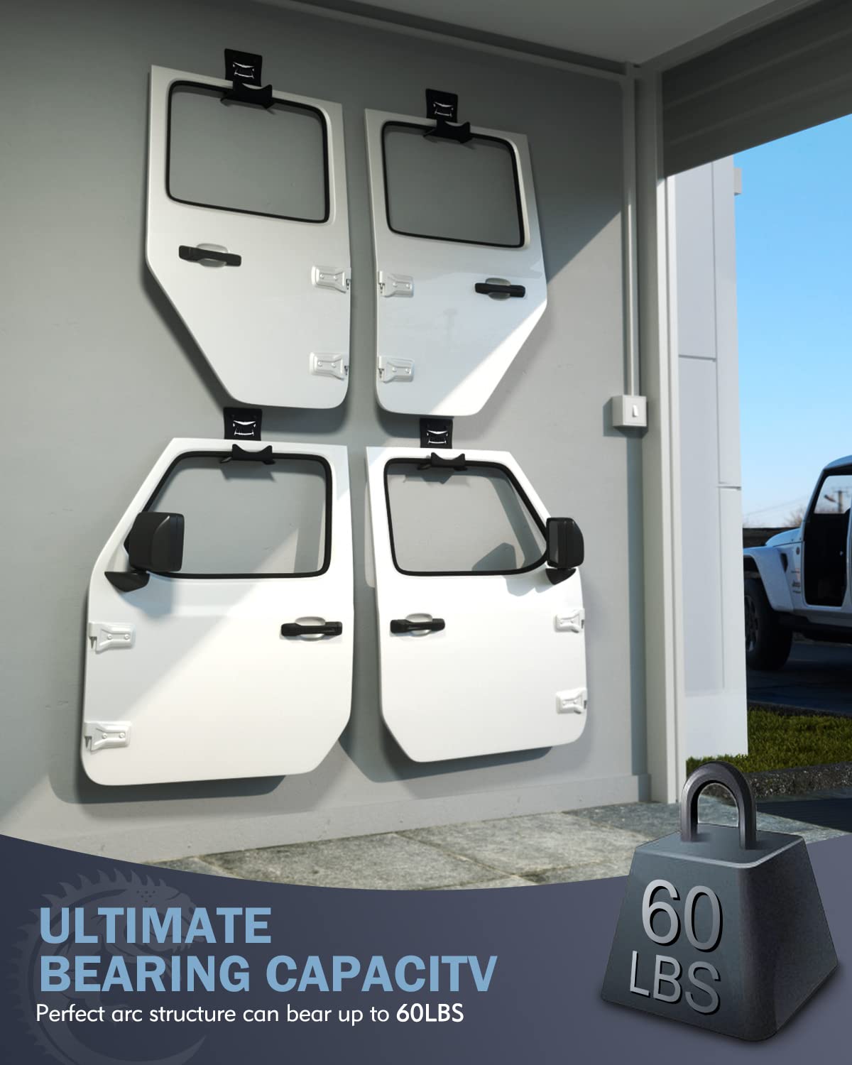 Lupar hanger mounted with Jeep door demonstrating easy removal and space saving