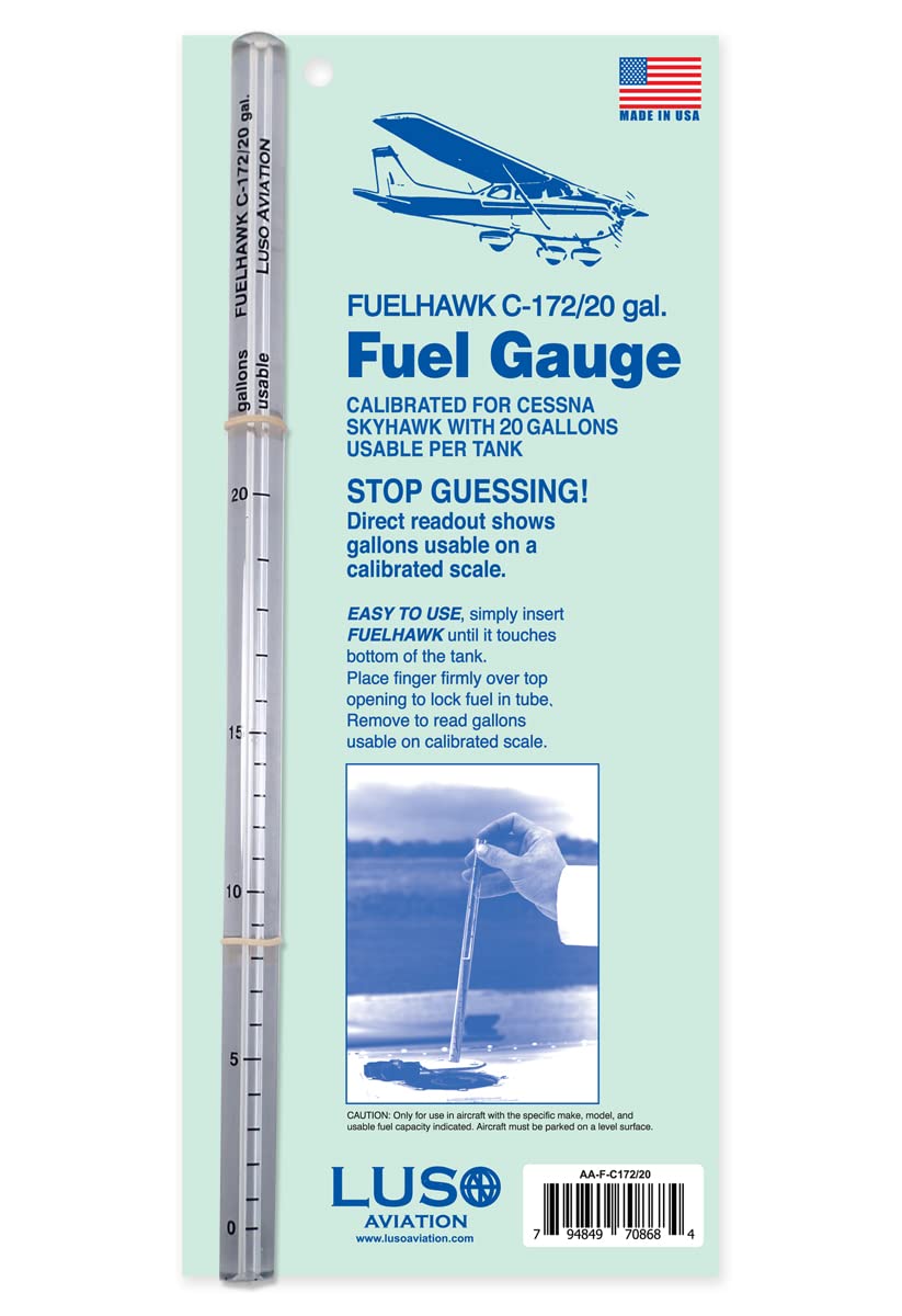 Luso Aviation Fuelhawk front view showing clear calibrated tube and label for quick reading