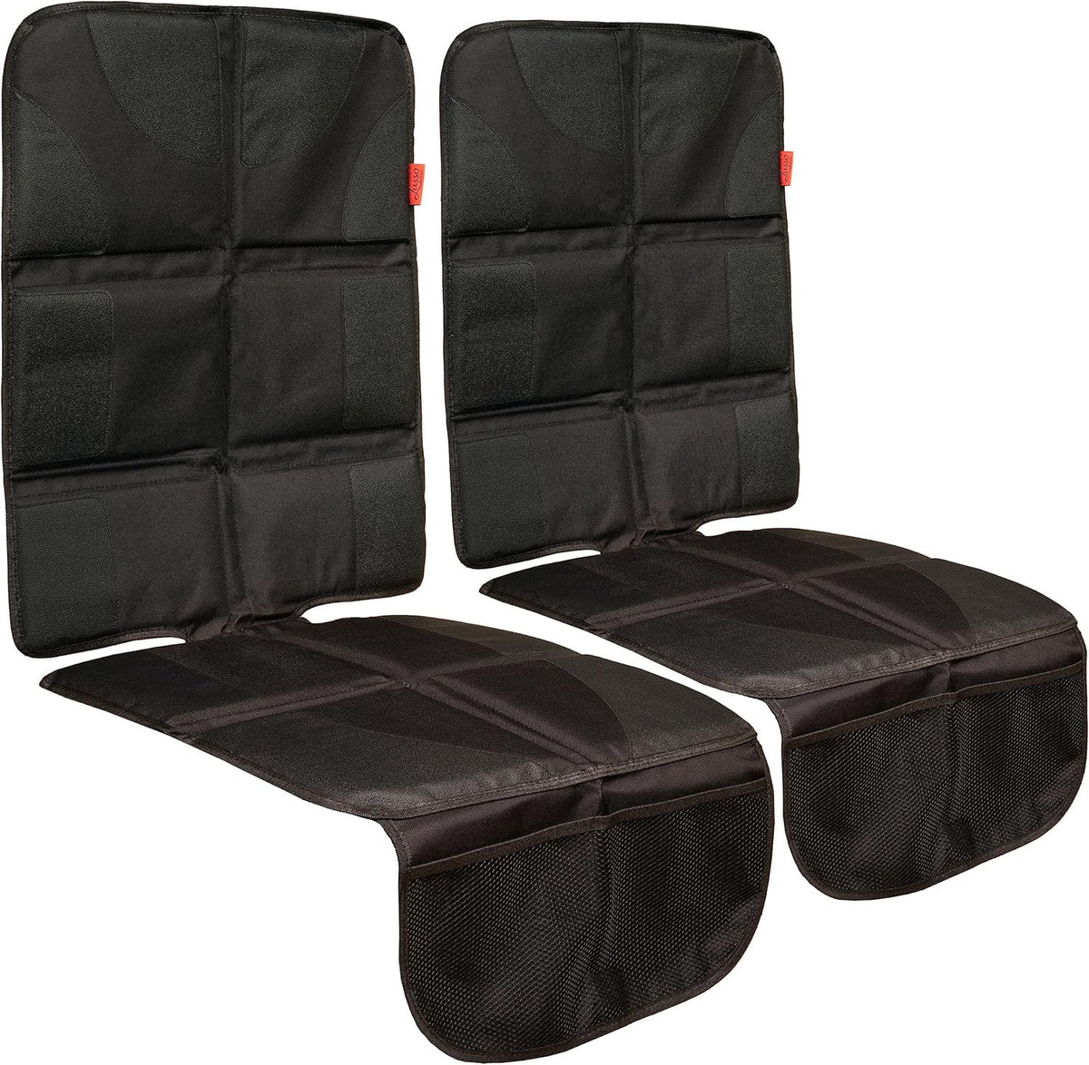 Lusso Gear front view showing two-pack seat protectors and packaging benefit of complete coverage