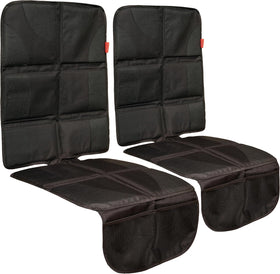 Lusso Gear front view showing two-pack seat protectors and packaging benefit of complete coverage