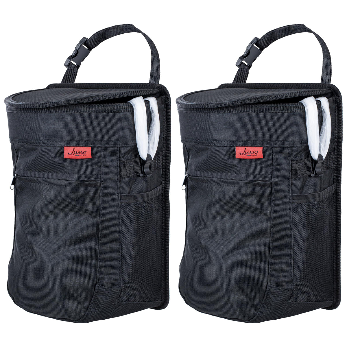 Lusso Gear front view of two trash cans showing compact storage benefit