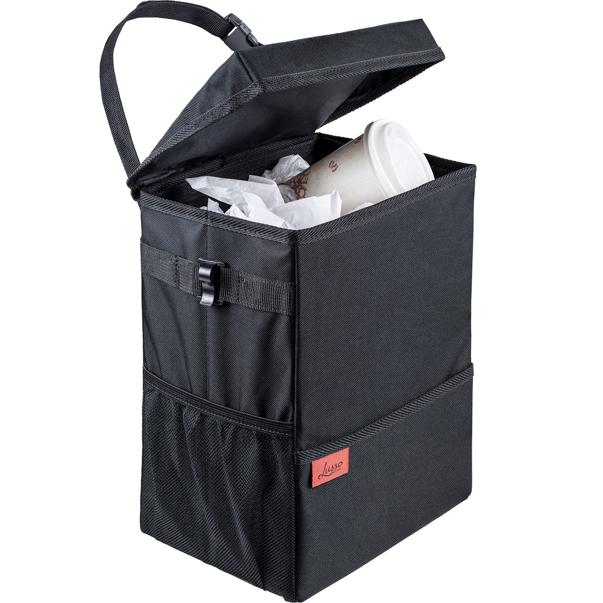 Lusso Gear front view of black trash can showing compact design and neat storage