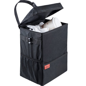 Lusso Gear front view of black trash can showing compact design and neat storage