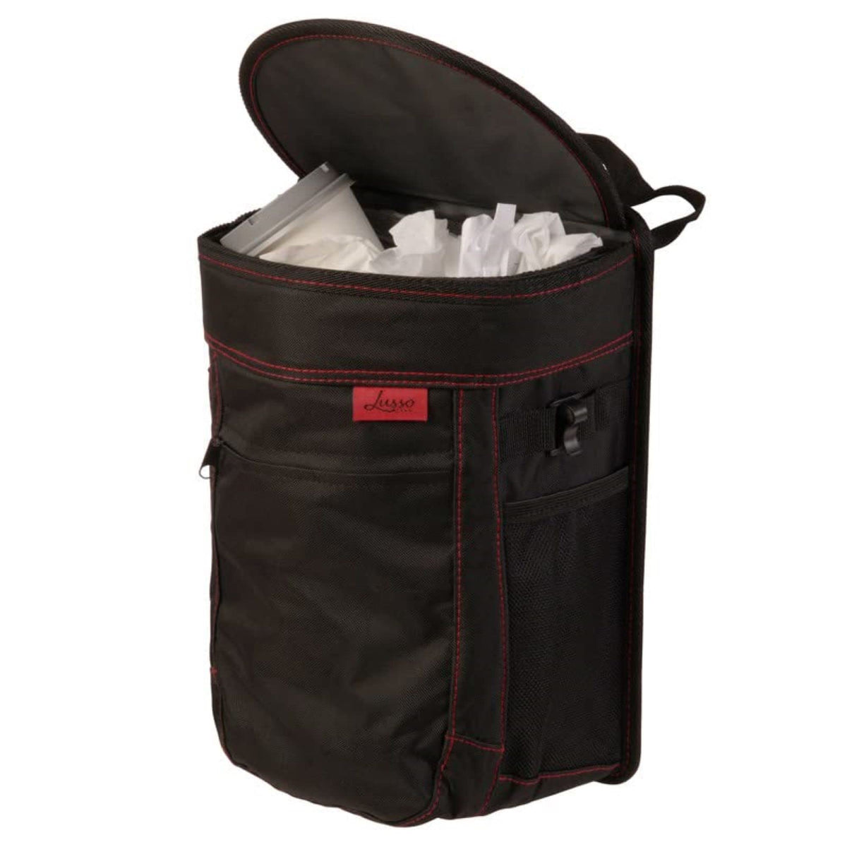 Lusso Gear front view showing compact trash can and red stitching benefit: neat storage