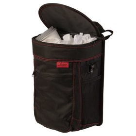 Lusso Gear front view showing compact trash can and red stitching benefit: neat storage