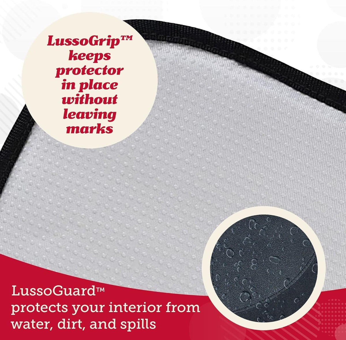Lusso Gear protector installed under a convertible car seat showing secure fit