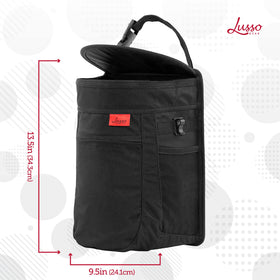 Lusso Gear size comparison next to water bottle shows compact capacity benefit