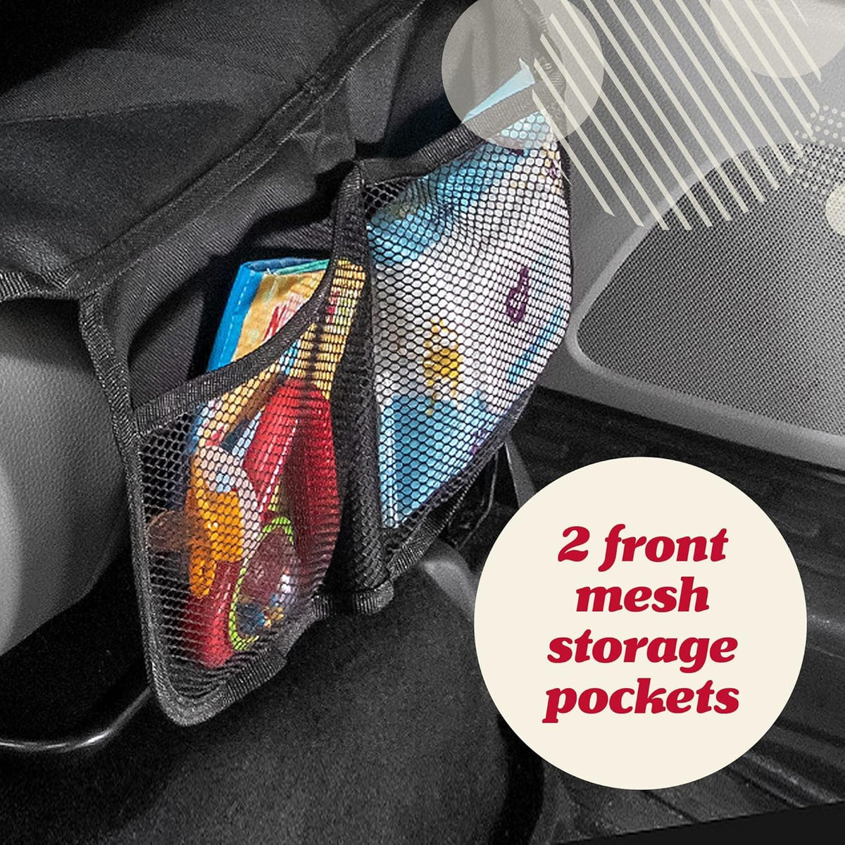 Lusso Gear two-pack laid across a rear bench demonstrating full family coverage