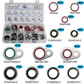 luumtee compressor gaskets layout showing metal rings and rubber washers for secure seals