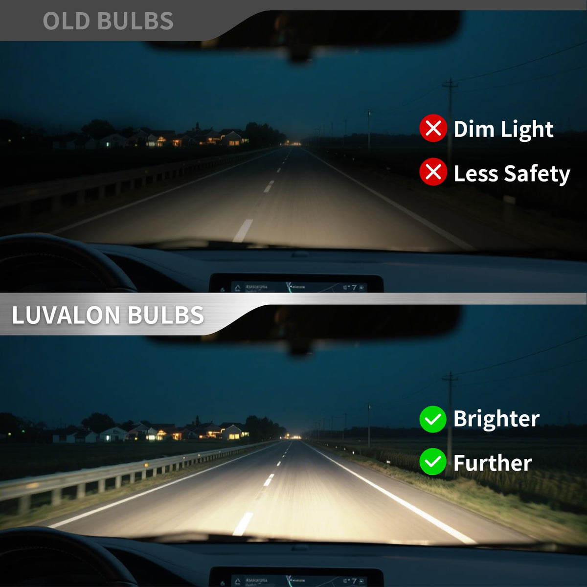 LUVALON night drive scene showing brighter, clearer nighttime vision