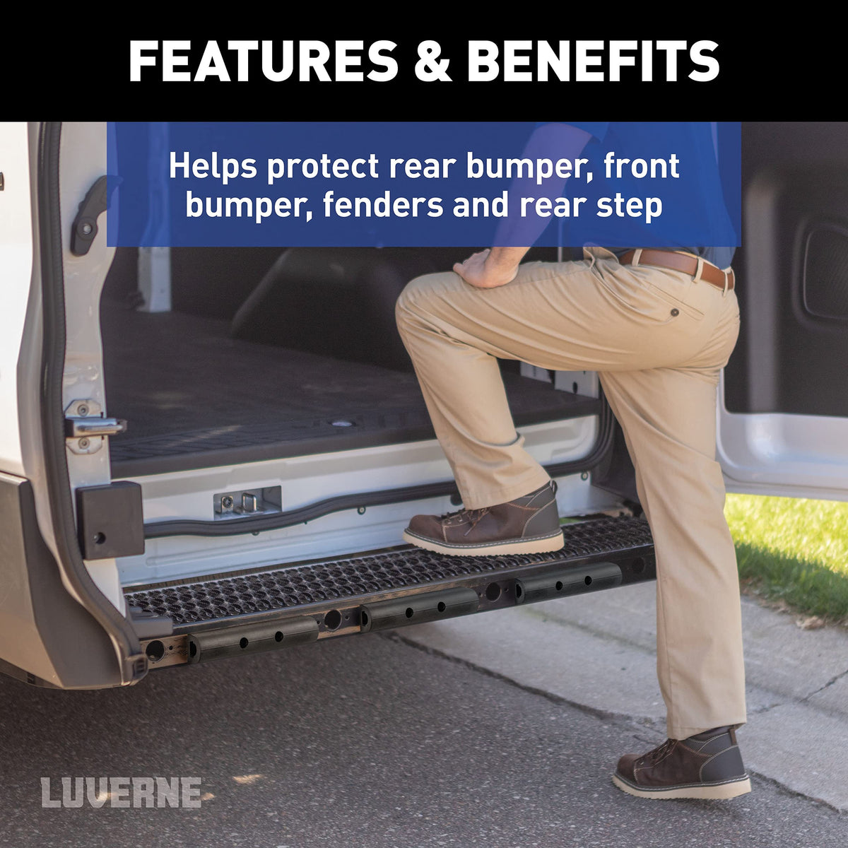 LUVERNE installed on a rear step edge with visible fasteners for secure fit