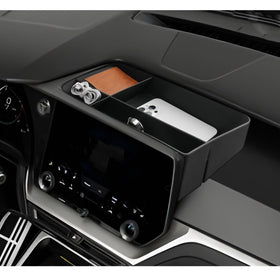 LUWU front view of tray showing fit for Lexus TX 14 inch screen and neat storage