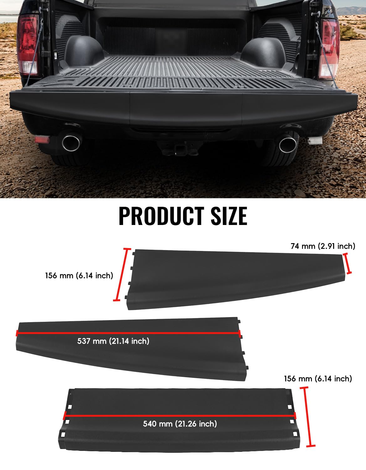 LUXEMOTO tailgate cap next to ruler showing scale and direct-fit compatibility benefit