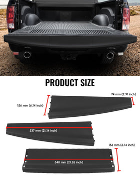 LUXEMOTO tailgate cap next to ruler showing scale and direct-fit compatibility benefit