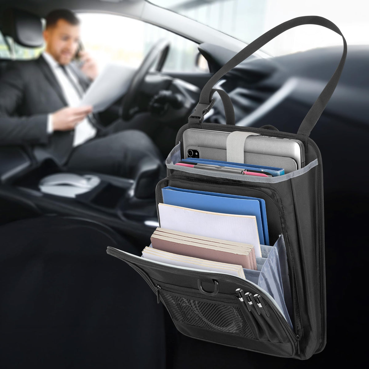 LUXJA organizer beside 15.6-inch laptop demonstrating compact capacity