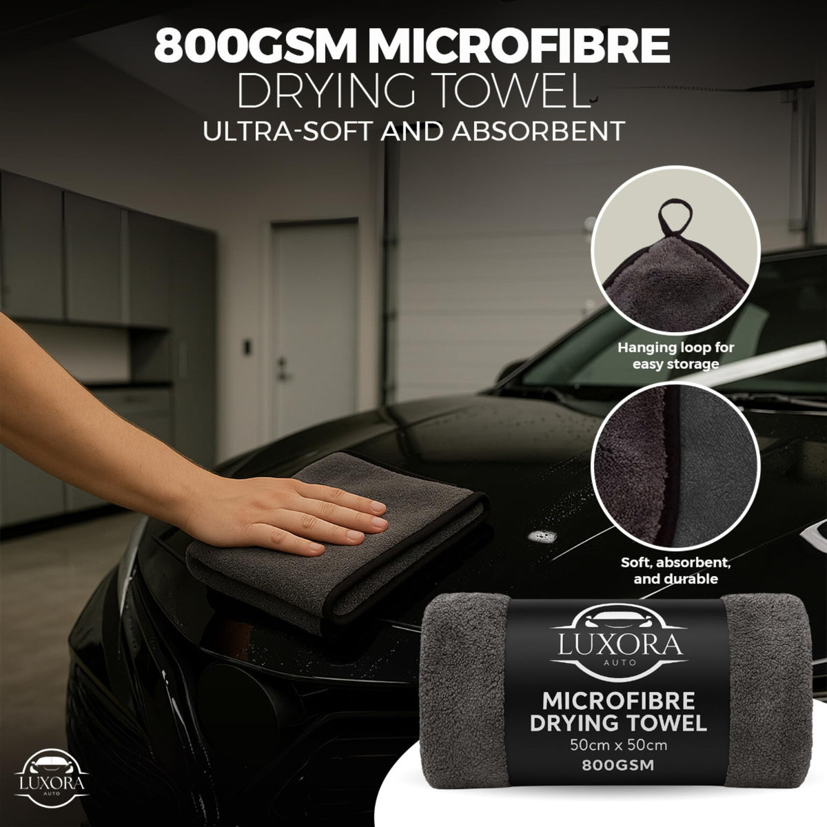 LUXORA AUTO 300GSM waffle towel texture detail for streak-free drying