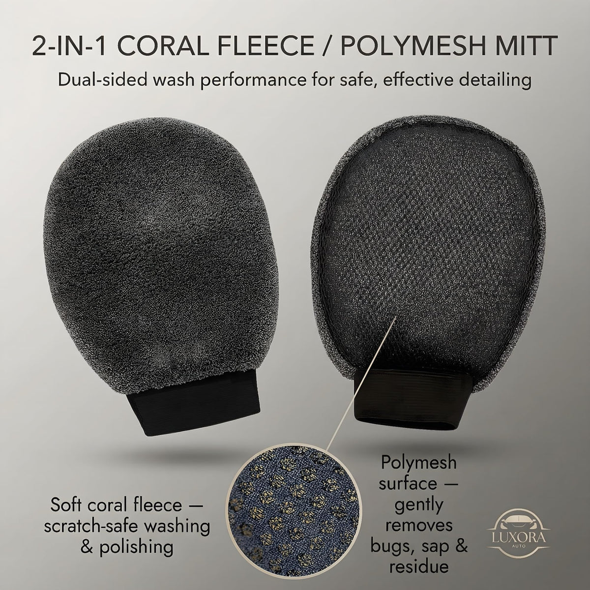 LUXORA AUTO chenille and polymesh mitts side-by-side for versatile cleaning