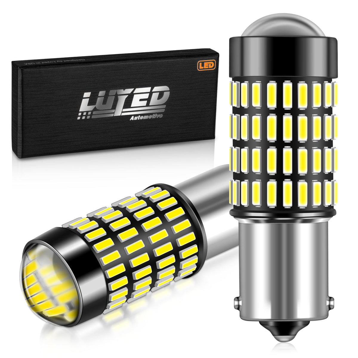 LUYED front packaging showing two xenon white bulbs and features, improving purchase confidence