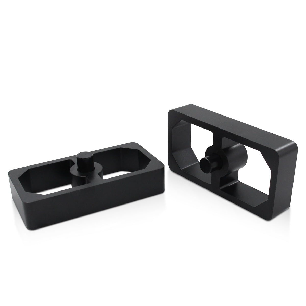 LVOUP front view of two lowering blocks showing durable finish and fitment benefit