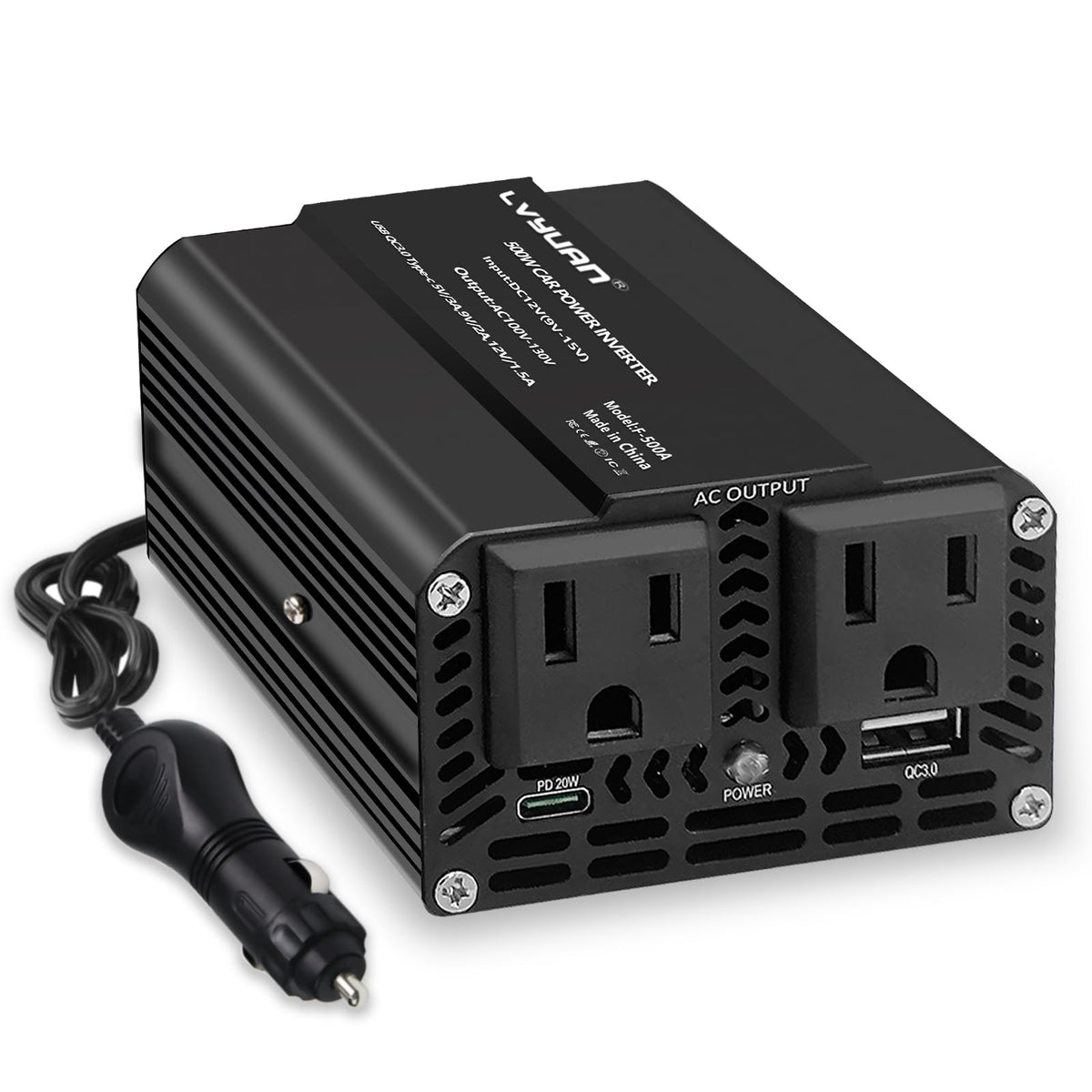 LVYUAN front view showing dual AC outlets and USB ports for versatile charging