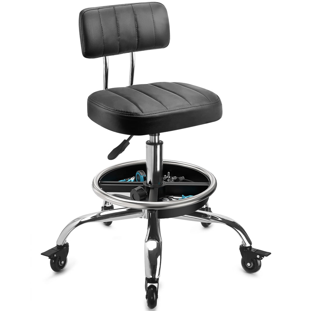 LWADALN front view of mechanic stool showing sturdy base and seat, ideal for workshop mobility