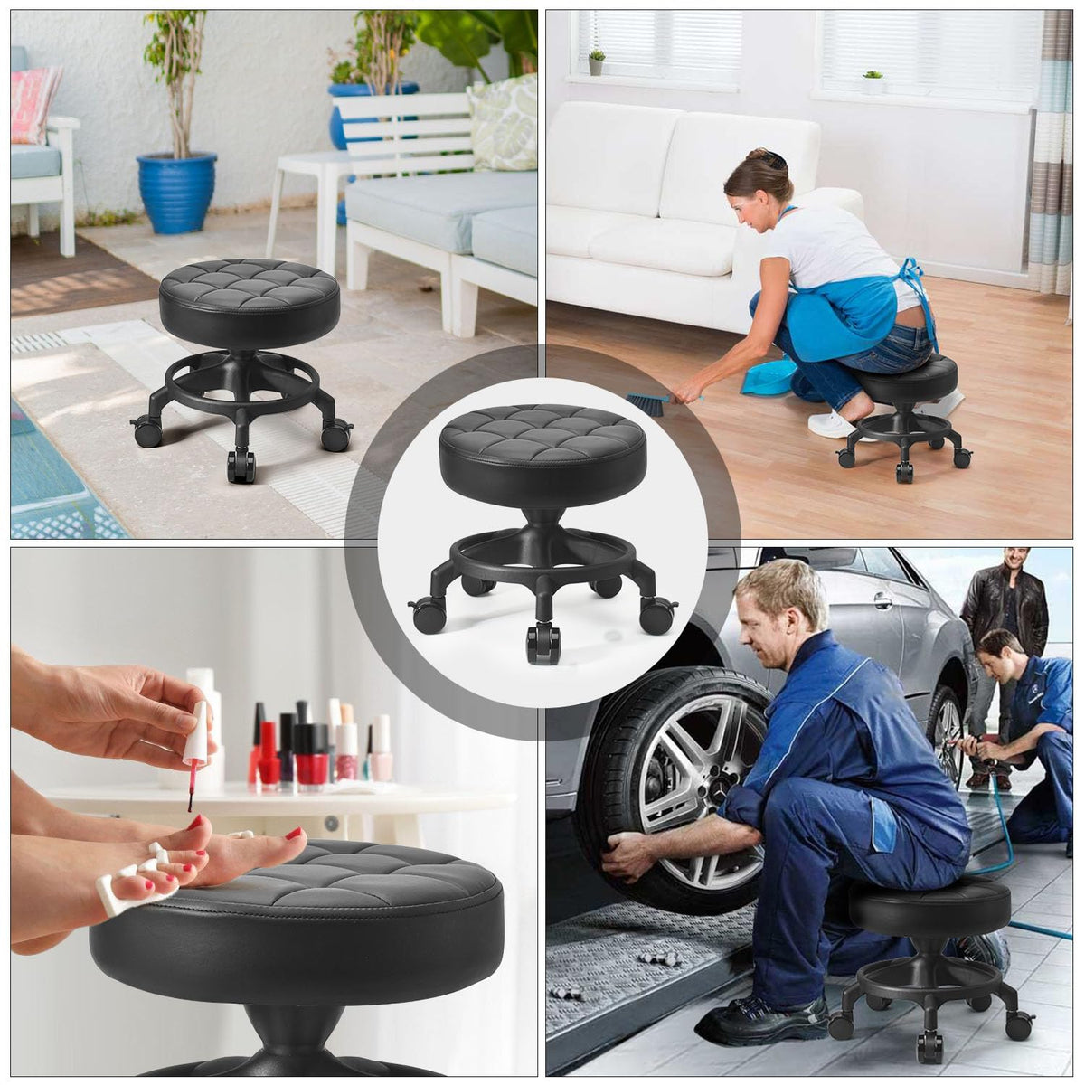 LWADALN stool in garage rolled under car showing convenience for mechanics