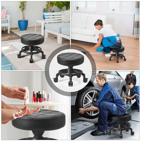 LWADALN stool in garage rolled under car showing convenience for mechanics