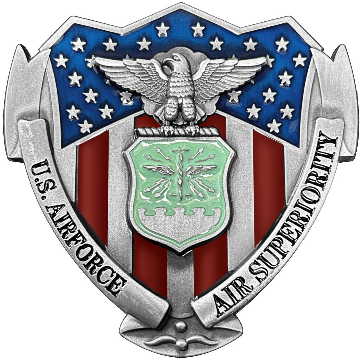 LWQLZY USAF emblem front view showing 3D eagle and enamel flag, proud display