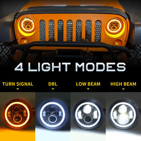 LX-LIGHT close-up of 7-inch halo ring highlighting white DRL and amber turn signal clarity